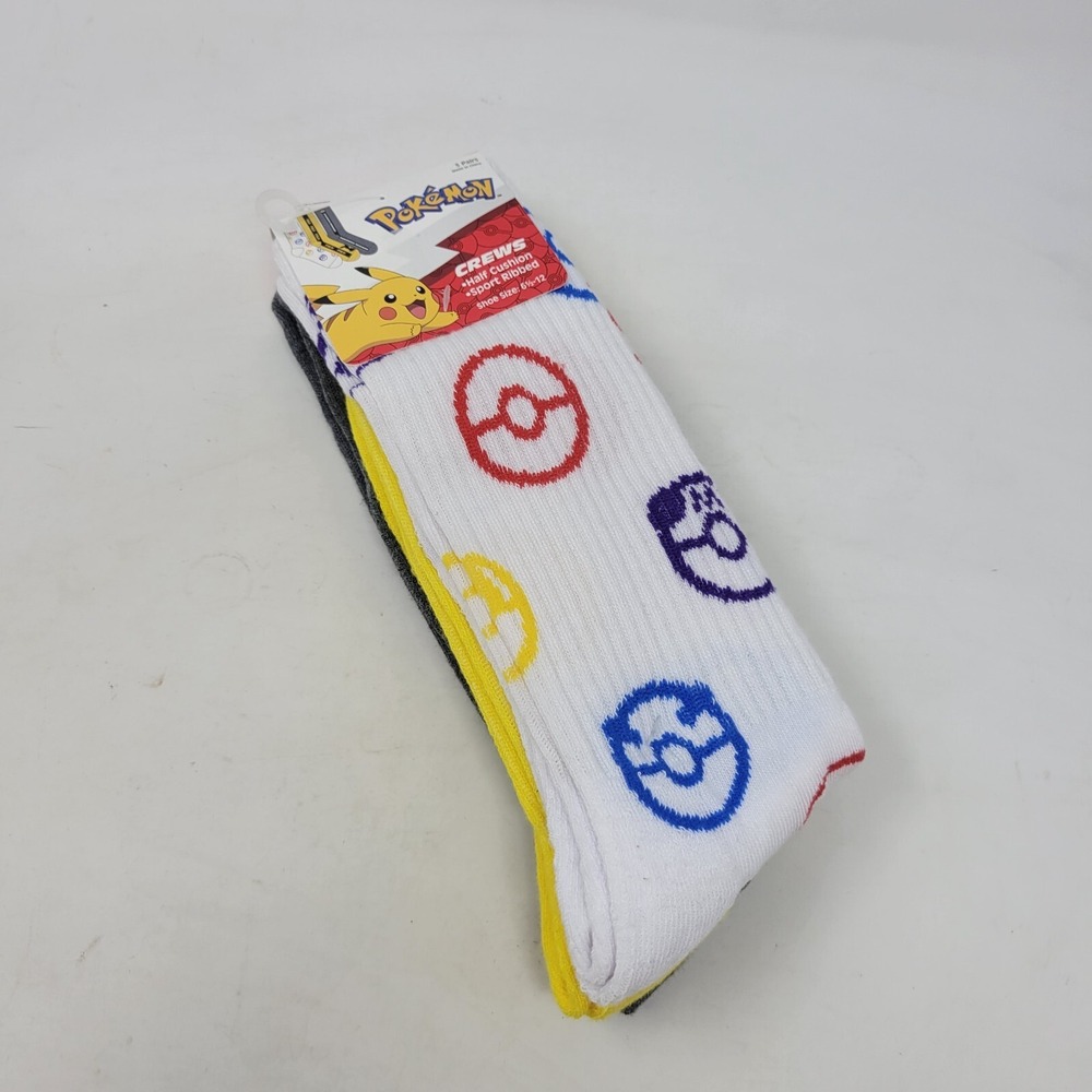 Pokemon Mens Crew Socks 3 Pack Pikachu Pokeball Trainer Grey Yellow White 6.5-12